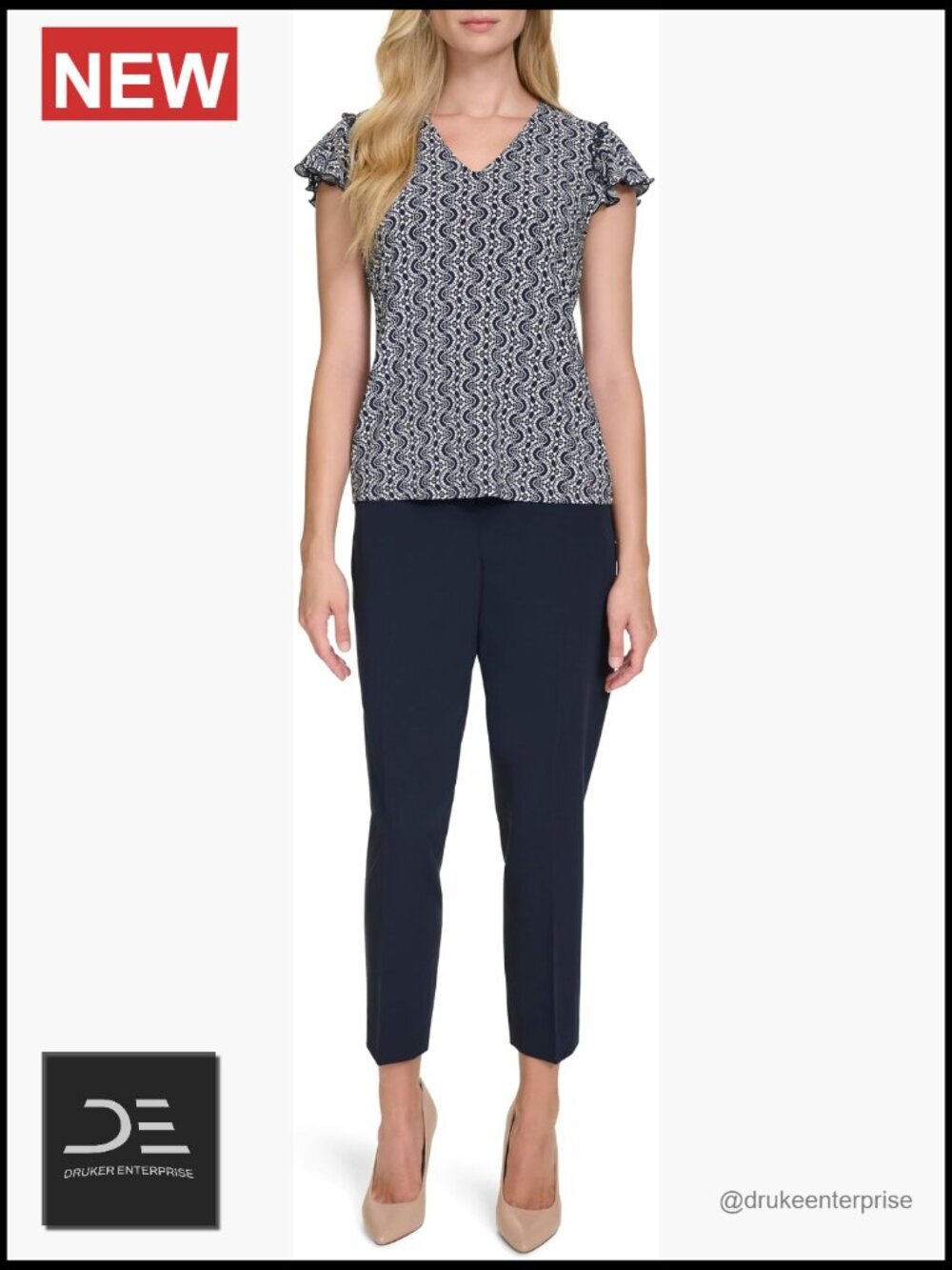 V-Neck Flutter Sleeve Knit Top T-Shirt Work Shirt